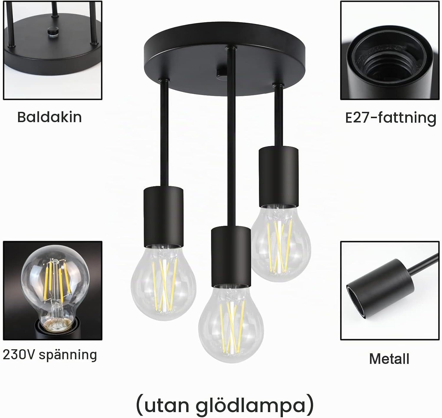 Detalle 2 de CBJKTX HEI-3tou svart taklampa med tre E27-spotlights i metall