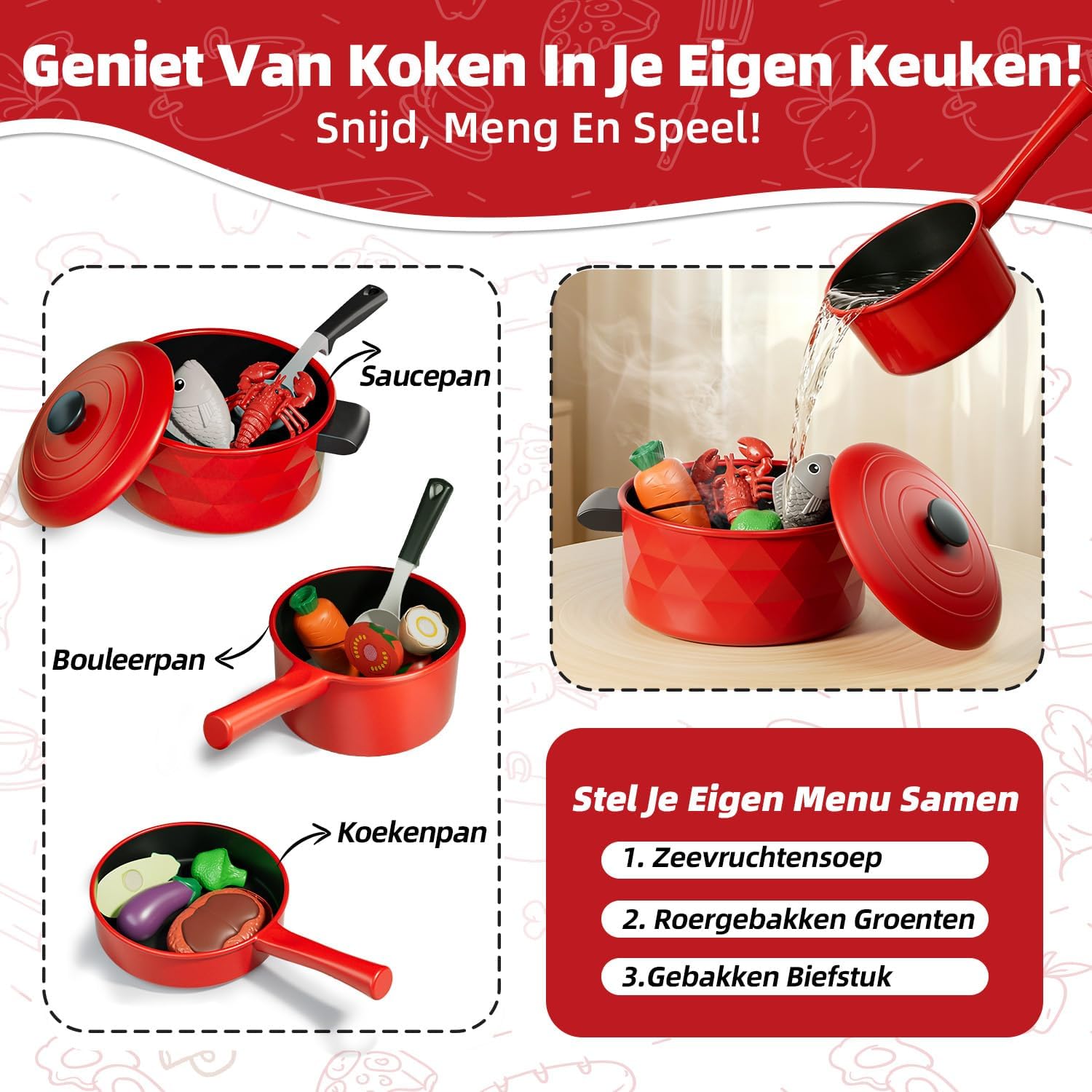 Detalle de Lehoo Castle FT-007 speelkeukenset met pannen, kookgerei en speelgoedeten