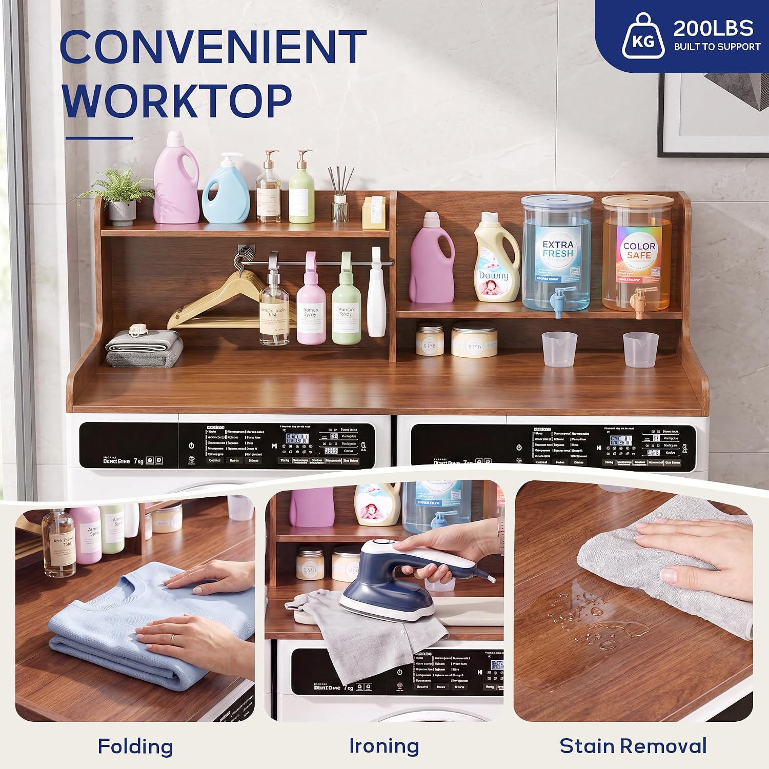 Thumbnail 4 de DTK w-hr Washer Dryer Countertop with 2-Tier Shelf and Clothes Rail, Walnut