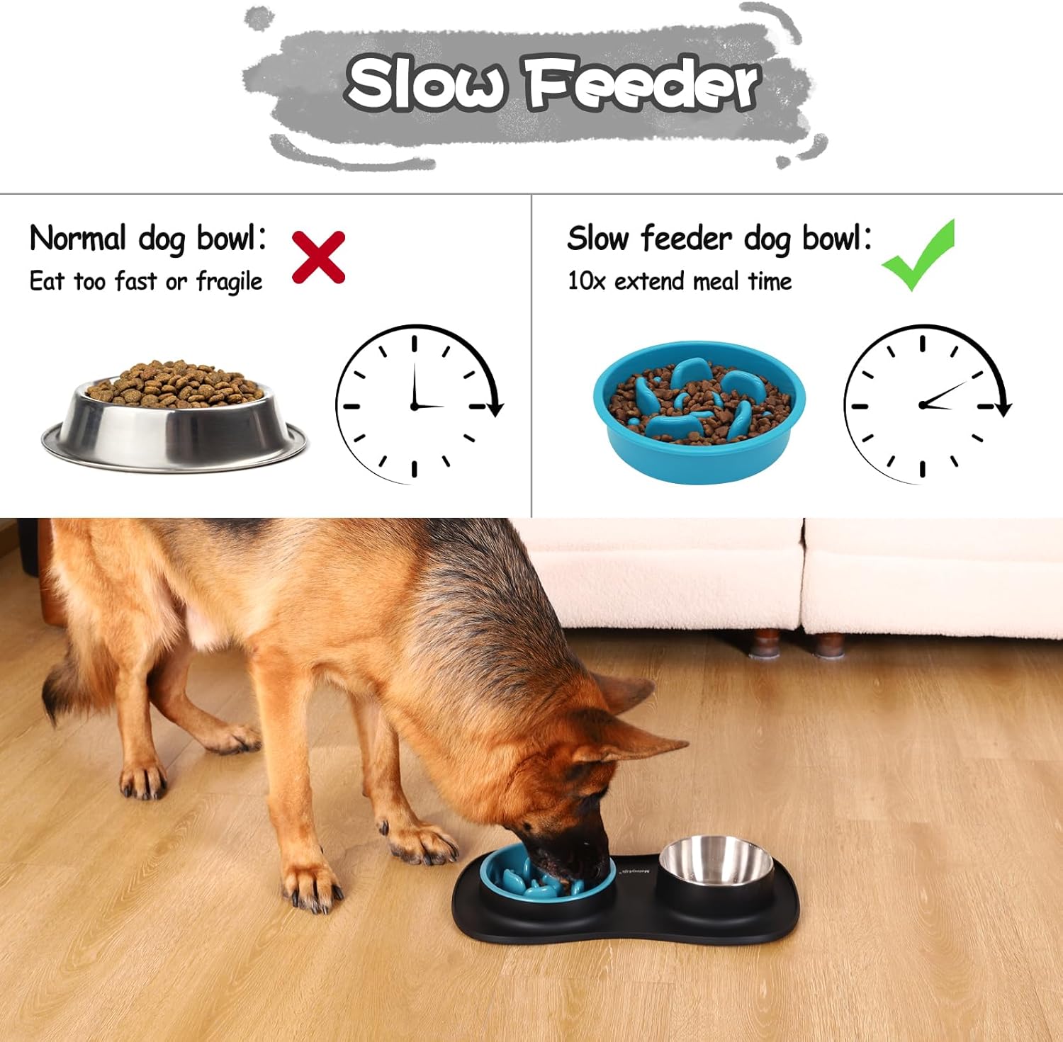 Thumbnail 1 de MateeyLife Dog Bowl Slow Feeder Set 3 in 1 (Stainless Steel Bowls & Non-Spill Silicone Mat)