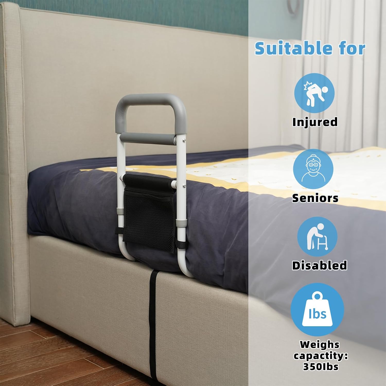 Detalle 2 de YrHeiper XCL-6602 Bed Assist Rail, Metal Frame, Non-Slip Grip and Storage Pocket