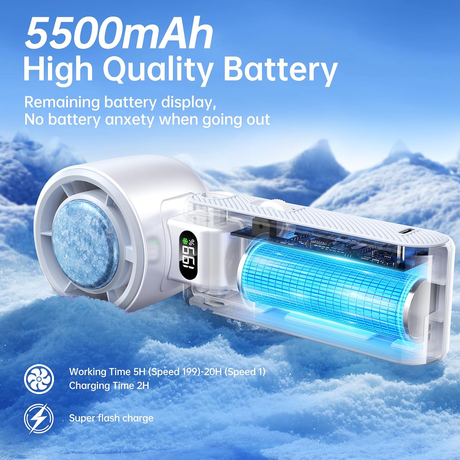 Detalle de Coolhill Handheld Portable Fan with Turbo Cooling: 5500mAh, 199 Speeds, 20000 RPM