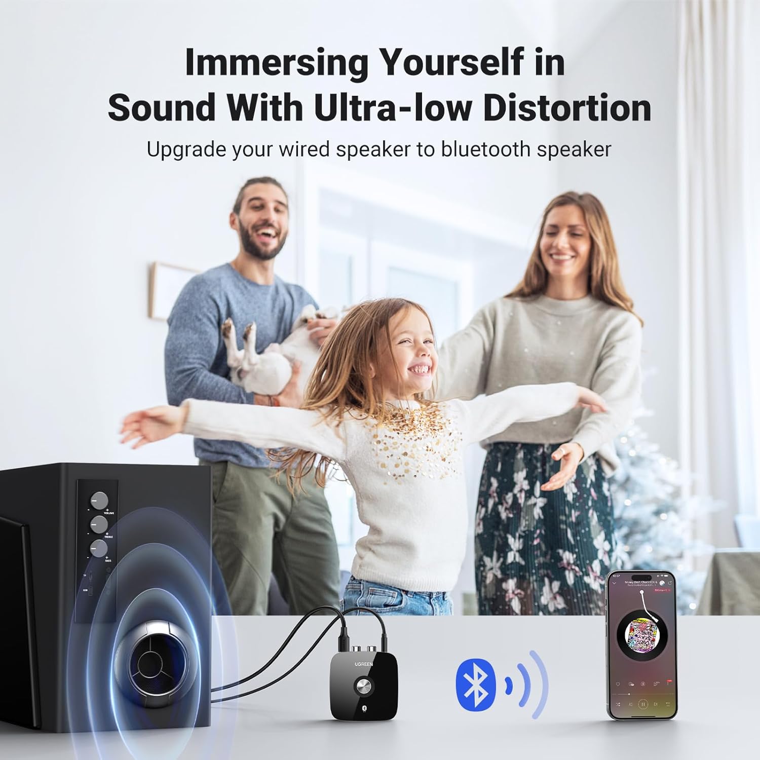 Detalle de UGREEN Bluetooth 5.1 Audio Receiver (HiFi) with 3.5mm AUX & 2 RCA, aptX HD, Dual Pairing