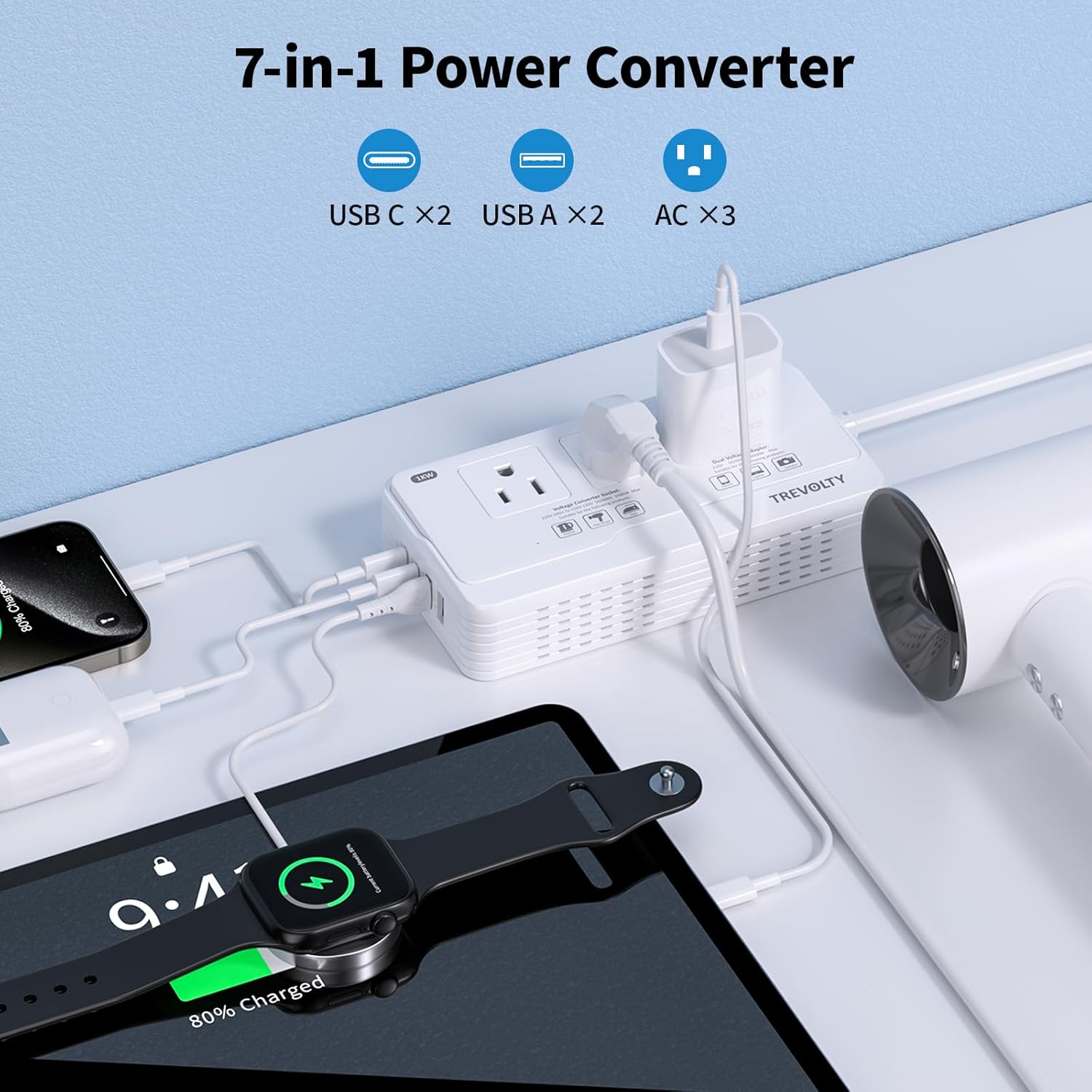 Detalle de TREVOLTY 2000W Voltage Converter US to Europe for Hair Dryer and Travel Adapter