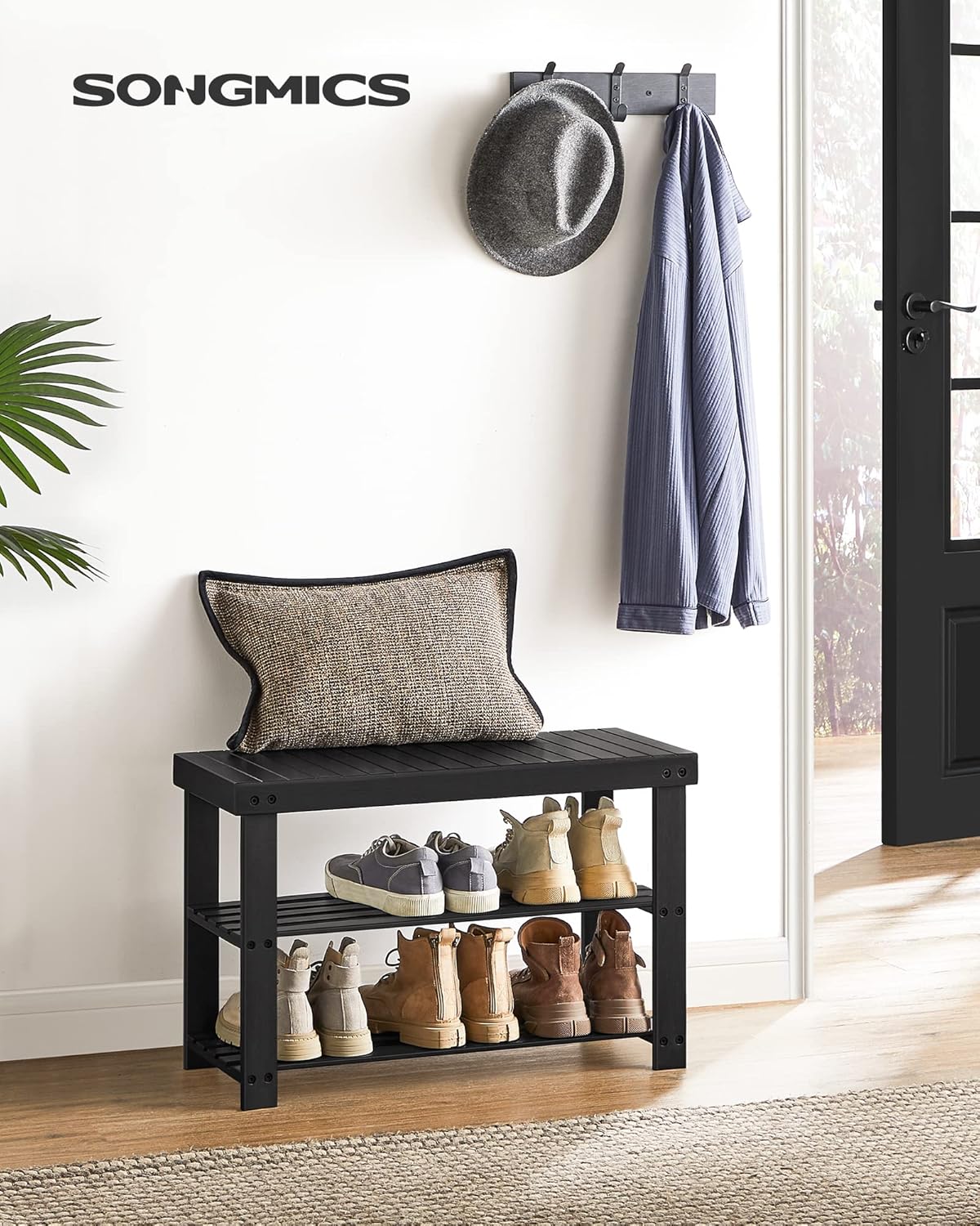 Detalle de SONGMICS Shoe Rack Bench (3-Tier Bamboo Shoe Storage Organizer) ULBS04H — Entryway bench for up to 286 lb