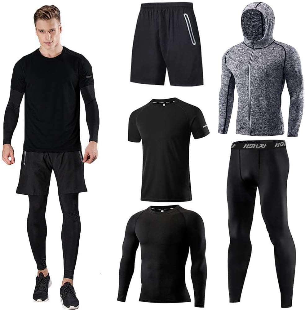 Detalle de Herren Sport-Laufset (4er oder 5er Pack) – Athletisches Shirt + Short/Kompressions-Set mit Mantel & Hoodie