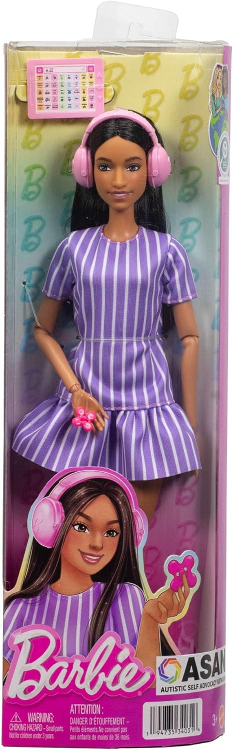 Detalle de Barbie Fashionistas Puppe Nr. 245 – Autistische Barbie mit violett gestreiftem Kleid und Zubehör (JJN58)