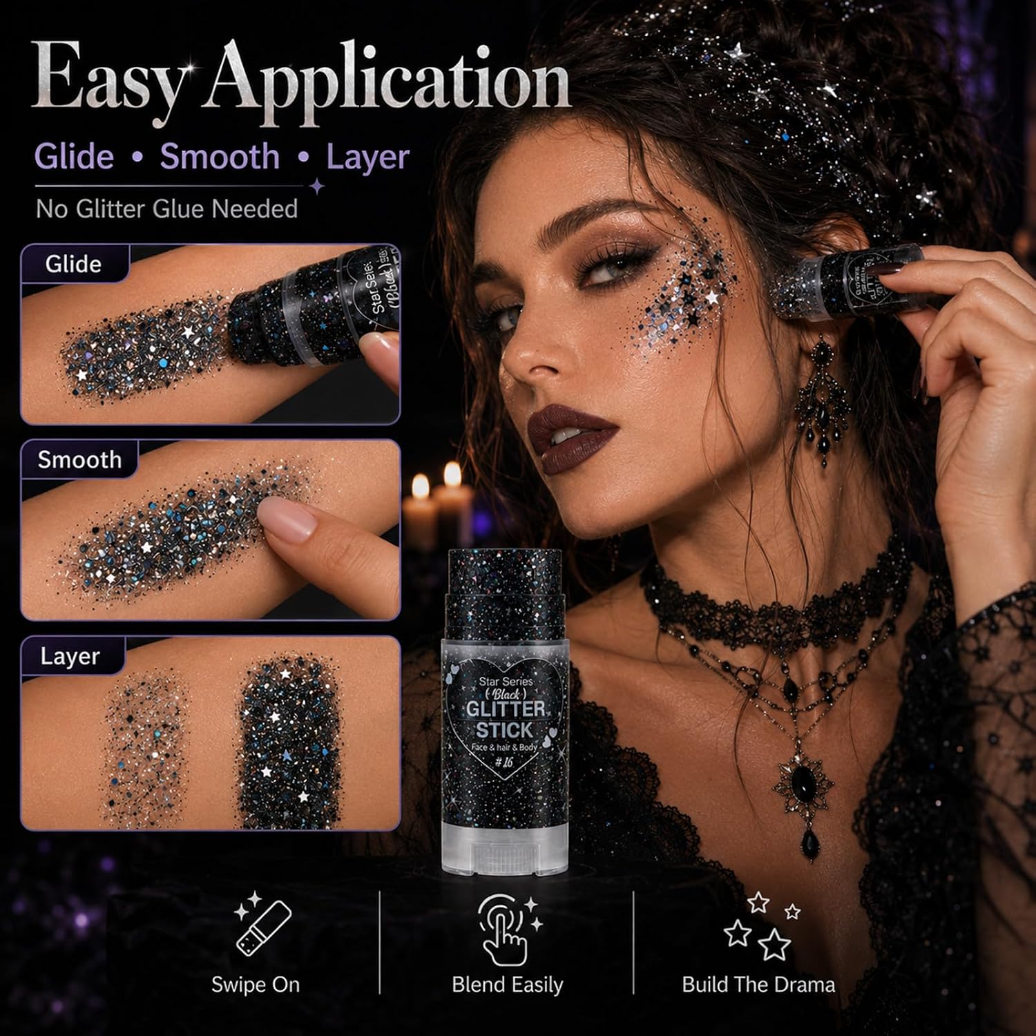 Detalle de Go Ho WLG-346-16-US Black Glitter Stick, Waterproof Hexagonal Shimmer