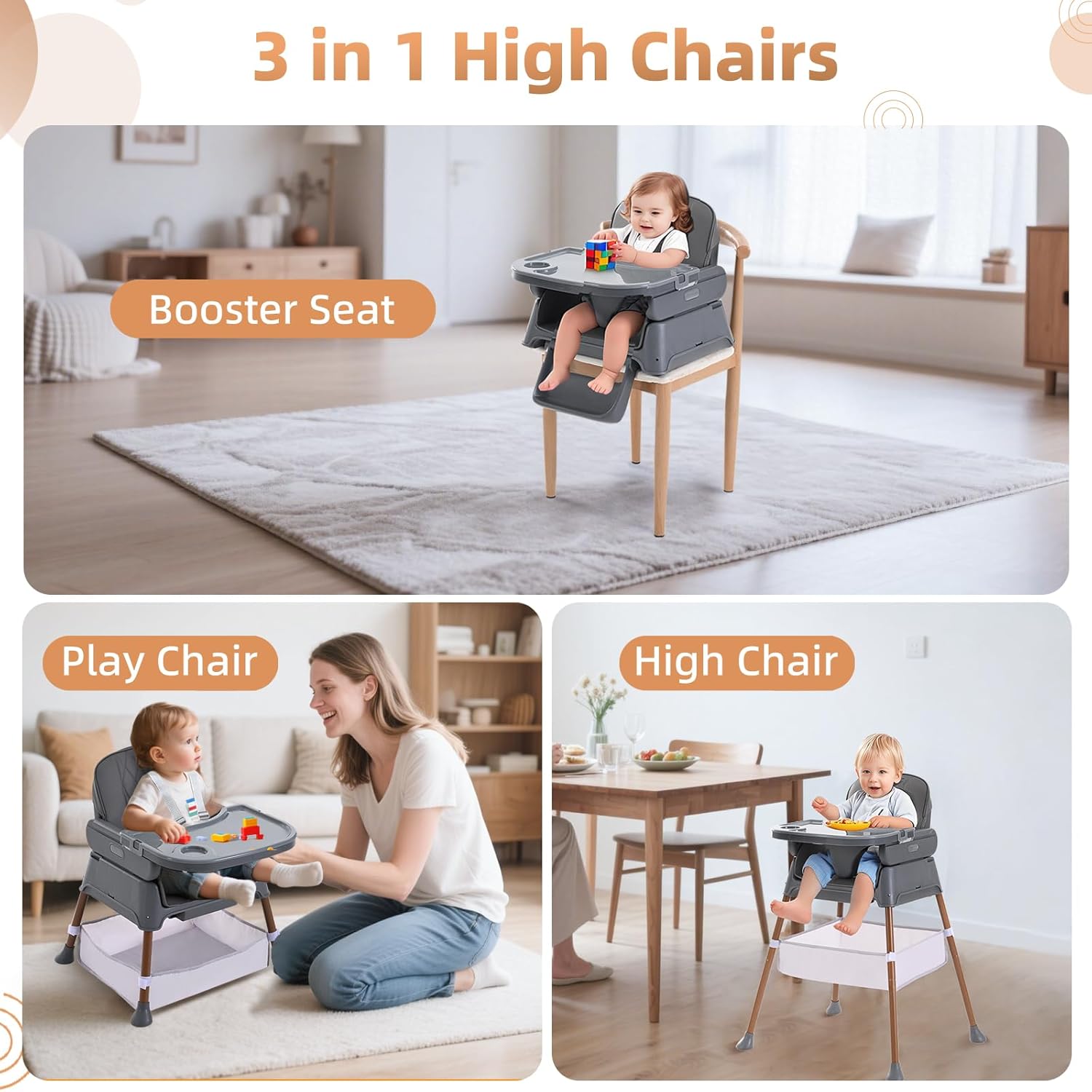 Thumbnail 2 de Cozydwells 3-in-1 High Chair for Babies & Toddlers (6 months to 3 years) in Dark Grey