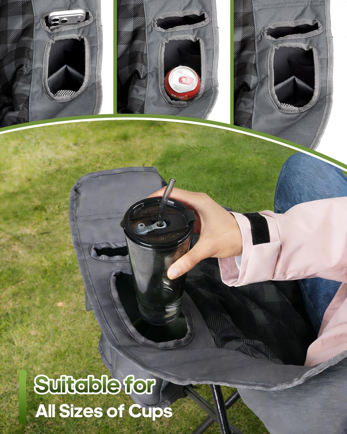 Thumbnail 5 de Gray Double Camping Chair Loveseat Couch with Cup Holders and 2-in-1 Carry Bag