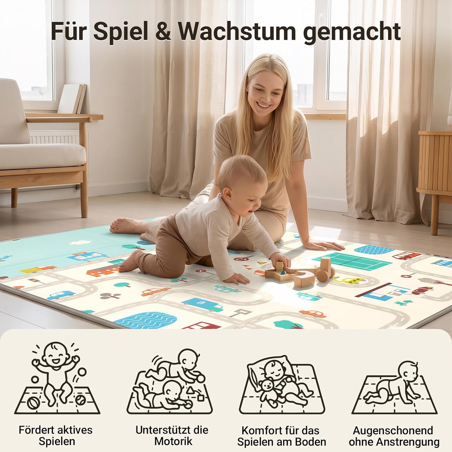 Thumbnail 6 de COSYLAND Krabbelmatte Baby Faltbar 150x180x1 cm – Doppelseitige XPE Spielmatte mit Motiven