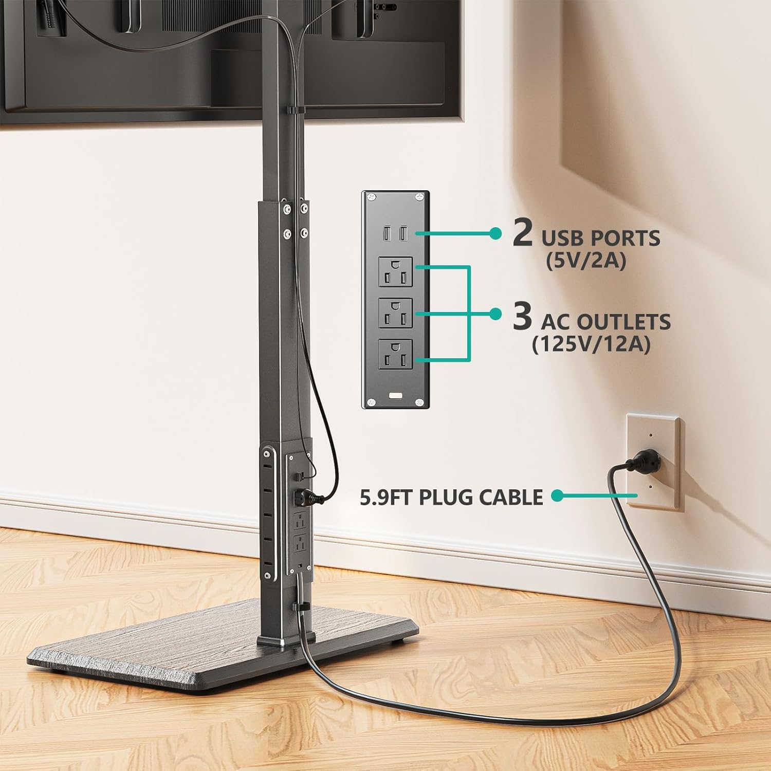 Thumbnail 4 de WALI Floor TV Stand with Power Outlet (TVDVD-7P) for 32–75" TVs up to 110 lbs, Swivel & Height Adjustable, Black