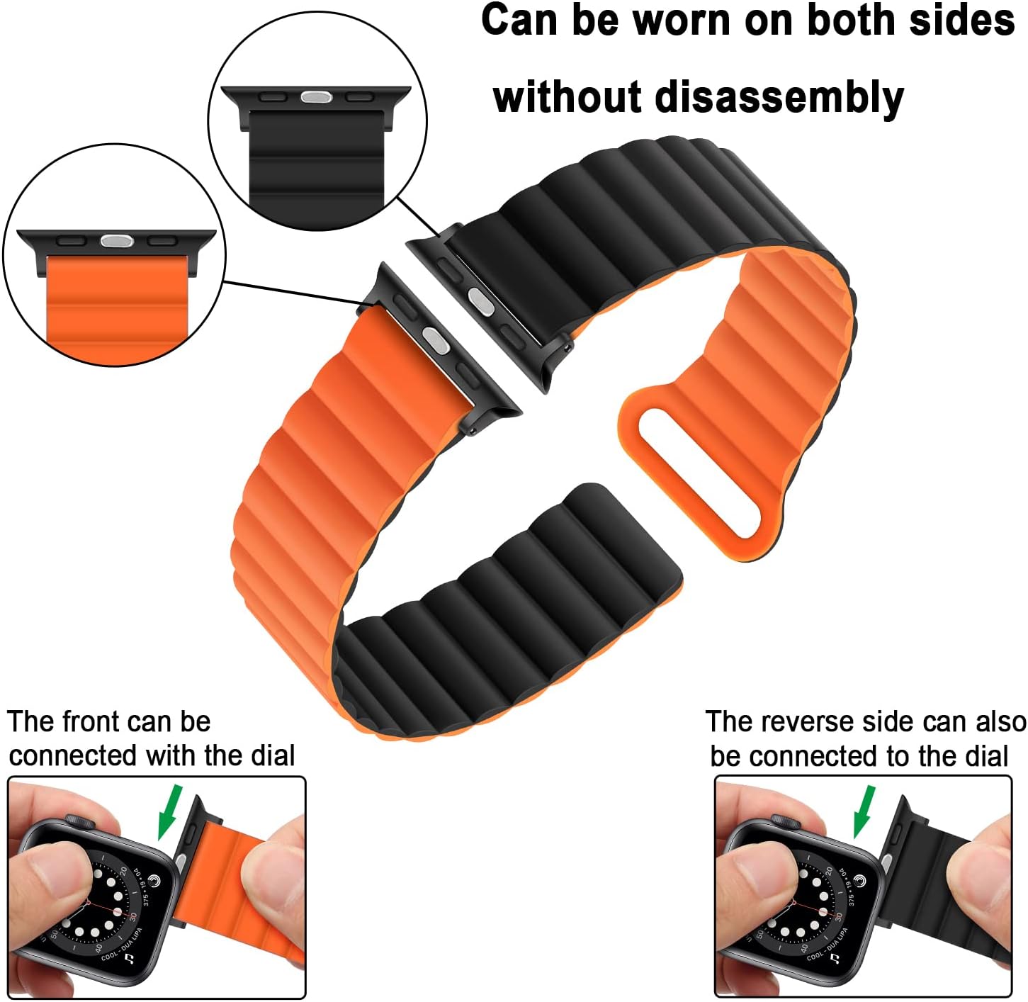 Thumbnail 2 de Anlinser Magnetic Silicone Watch Strap for Apple Watch (44–49mm): Double-Sided, Quick-Adjust, Black/Orange