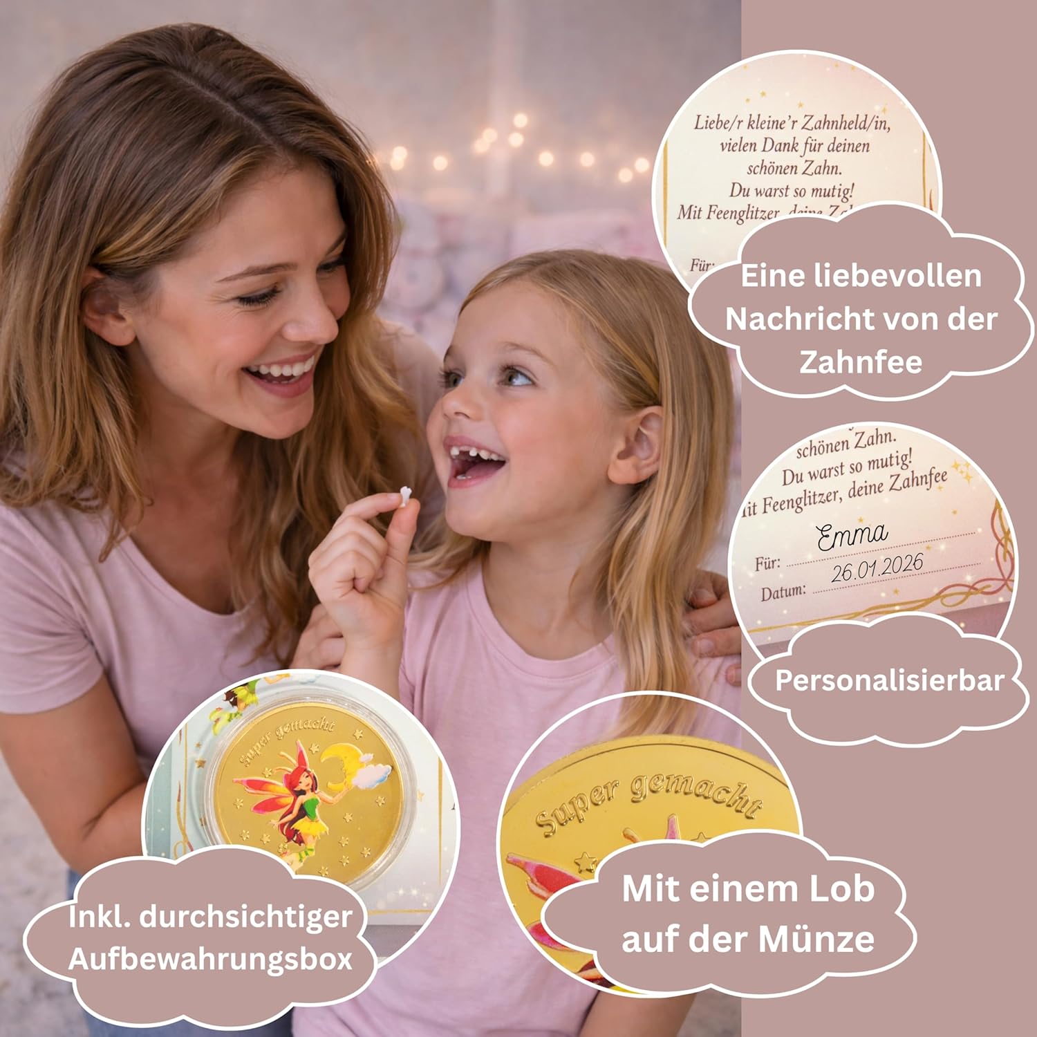 Detalle de insi Kinderzahndose für Milchzähne – personalisierbare Aufbewahrungsbox mit Geschenkbox, Lupe und Zahnfee-Brief