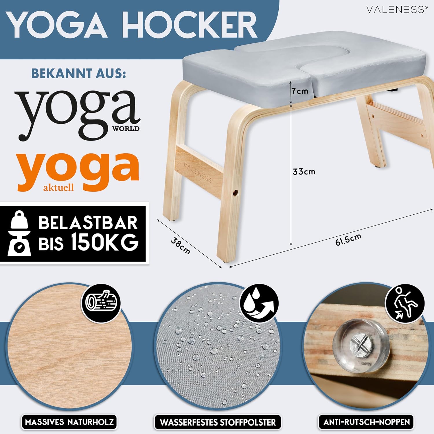 Detalle de VALENESS Yoga Kopfstandhocker – Hochwertiger Yoga Stuhl inkl. Yogagurt, Yogablock & Übungsposter