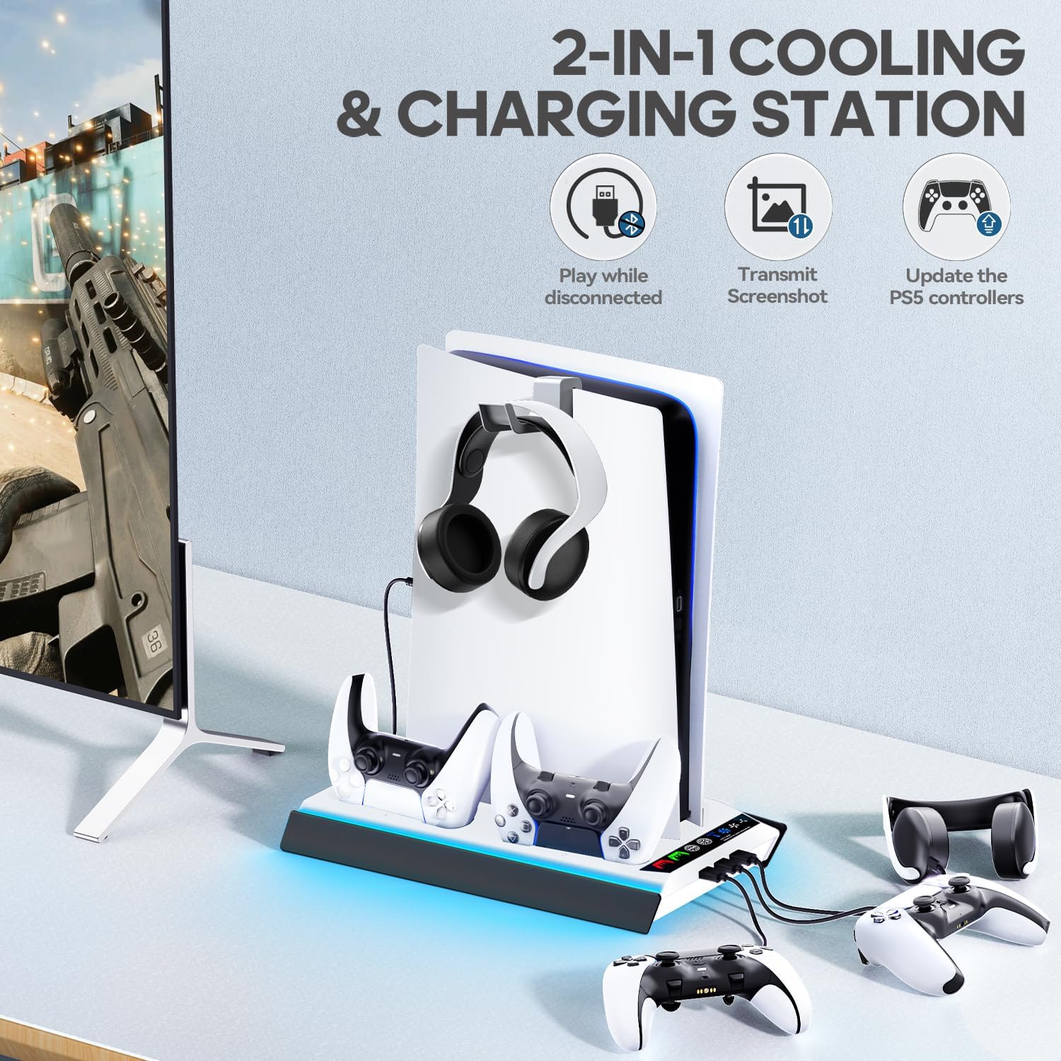 Thumbnail 2 de Tokluck PA5 Slim Pro Cooling Station for PS5: Auto Turbofan Cooling, 3-Speed Modes, Controller Charging Dock (White & Black)