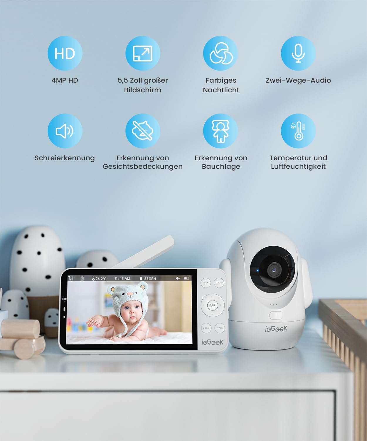 Detalle de ieGeek Babyphone mit 2 Kameras (2,5K/4MP) WLAN, App, 360°-PTZ & AI-Erkennung
