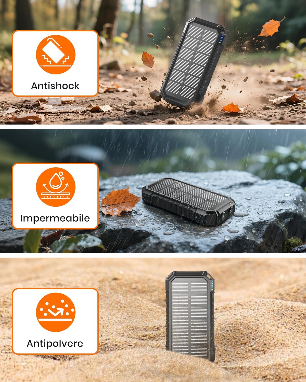 Detalle de Power Bank Solar 20000mAh 15W con cavi integrati e torcia LED – Caricatore rapido portatile per iPhone e Android