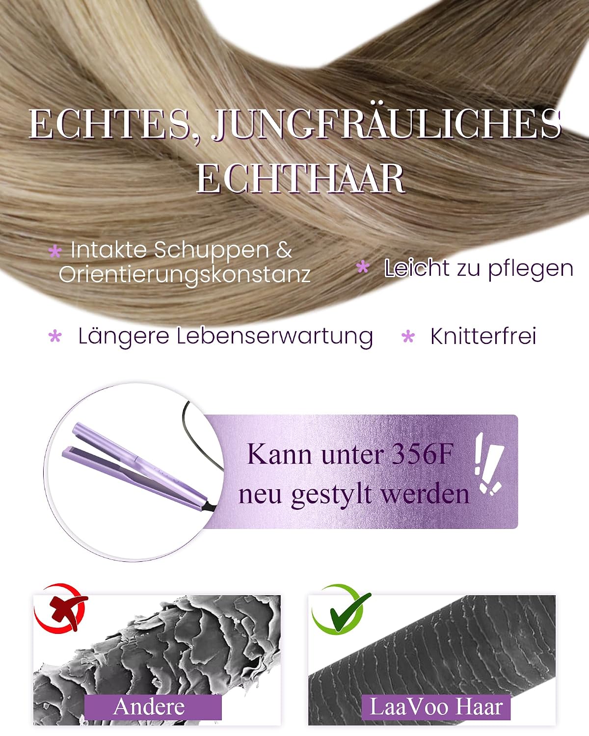 Detalle de LaaVoo Extensions Echthaar Bondings Blond Ombre 50 cm – Keratin U-Tip Echthaar Bonding Extensions