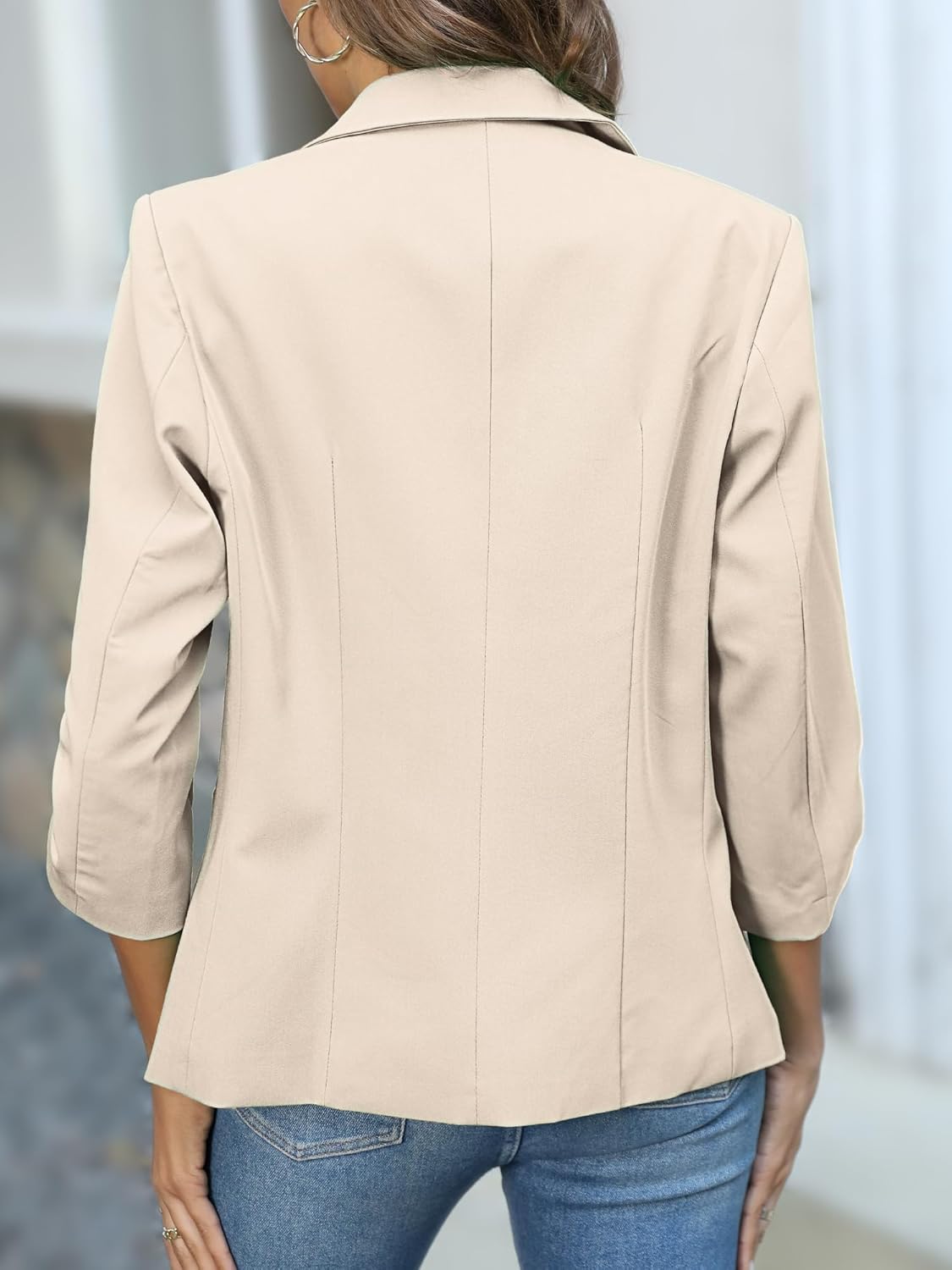Thumbnail 2 de ELLEVEN Women's Ruched 3/4 Sleeve Blazer – Lightweight Slim Fit with Padded Shoulders