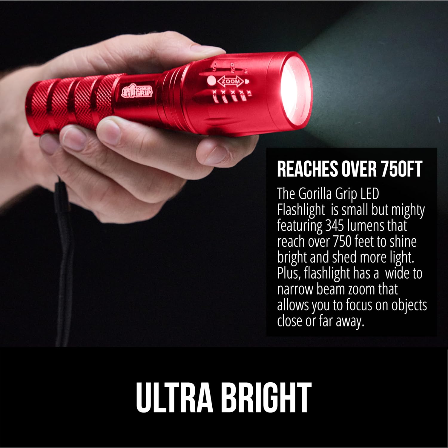 Detalle de GORILLA GRIP 840029670910 LED Tactical Flashlight, Red, 5 Modes, Zoomable