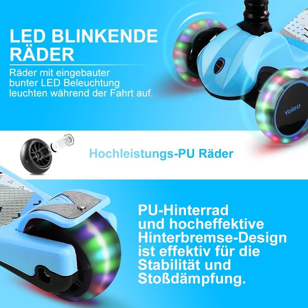 Detalle de YOLEO Kinderoller Dreiradscooter mit leuchtenden PU-Rädern, verstellbarem Lenker und Faltmechanik – ab 3 Jahren