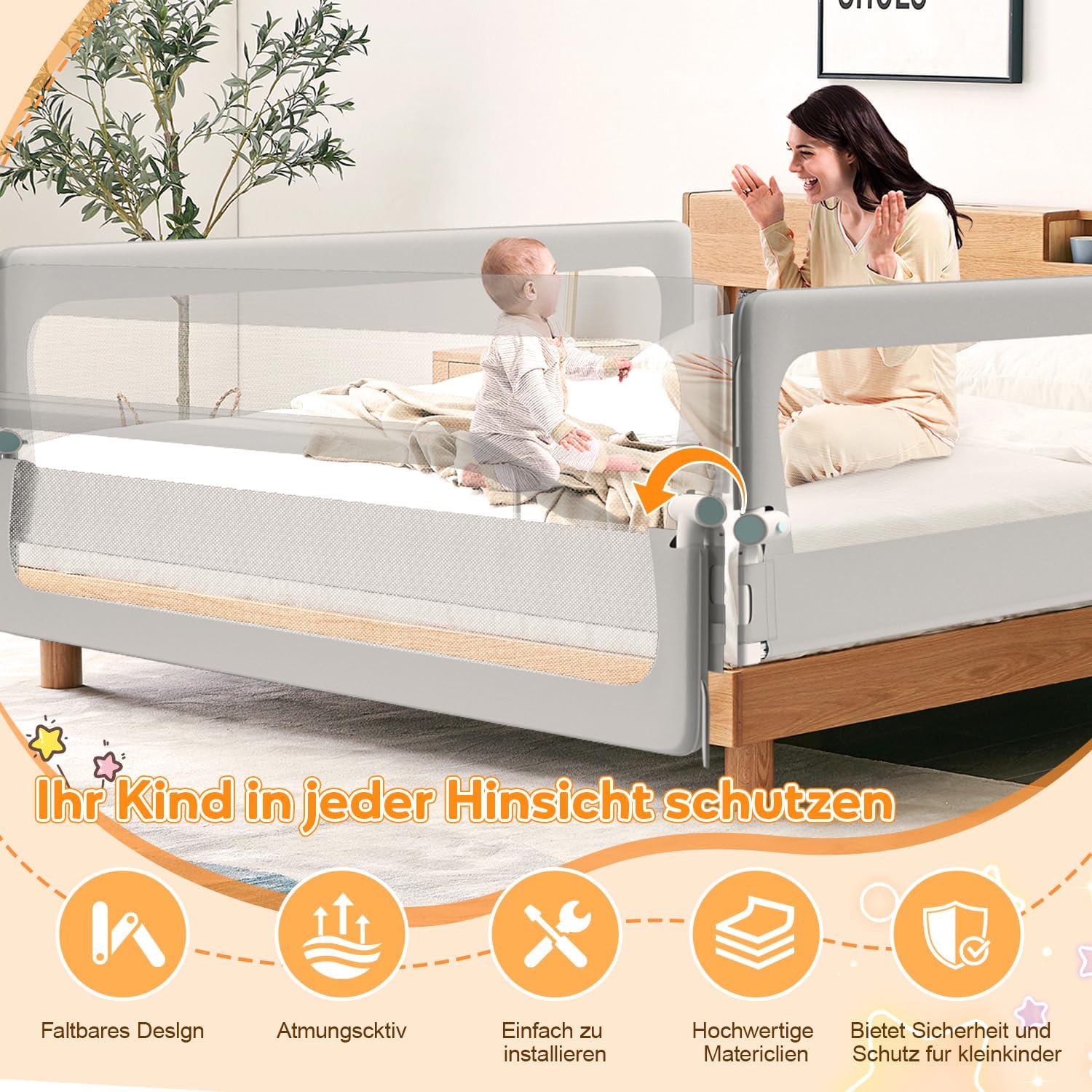 Thumbnail 1 de Ikodm Rausfallschutz Bett für Boxspringbett 180 cm – höhenverstellbar 72–86 cm, 180° klappbar, luftiges Netz, einfache Montage, Grau