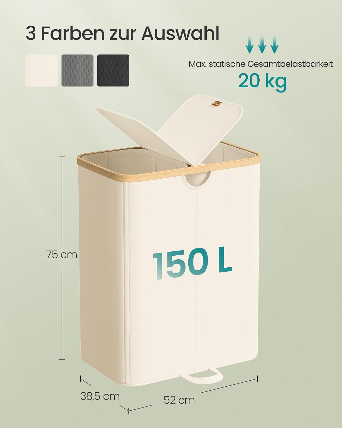 Detalle de SONGMICS Wäschekorb mit 2 Fächern und Deckel (150 Liter) LCB523W01 – Wäschesortierer für zwei Säcke