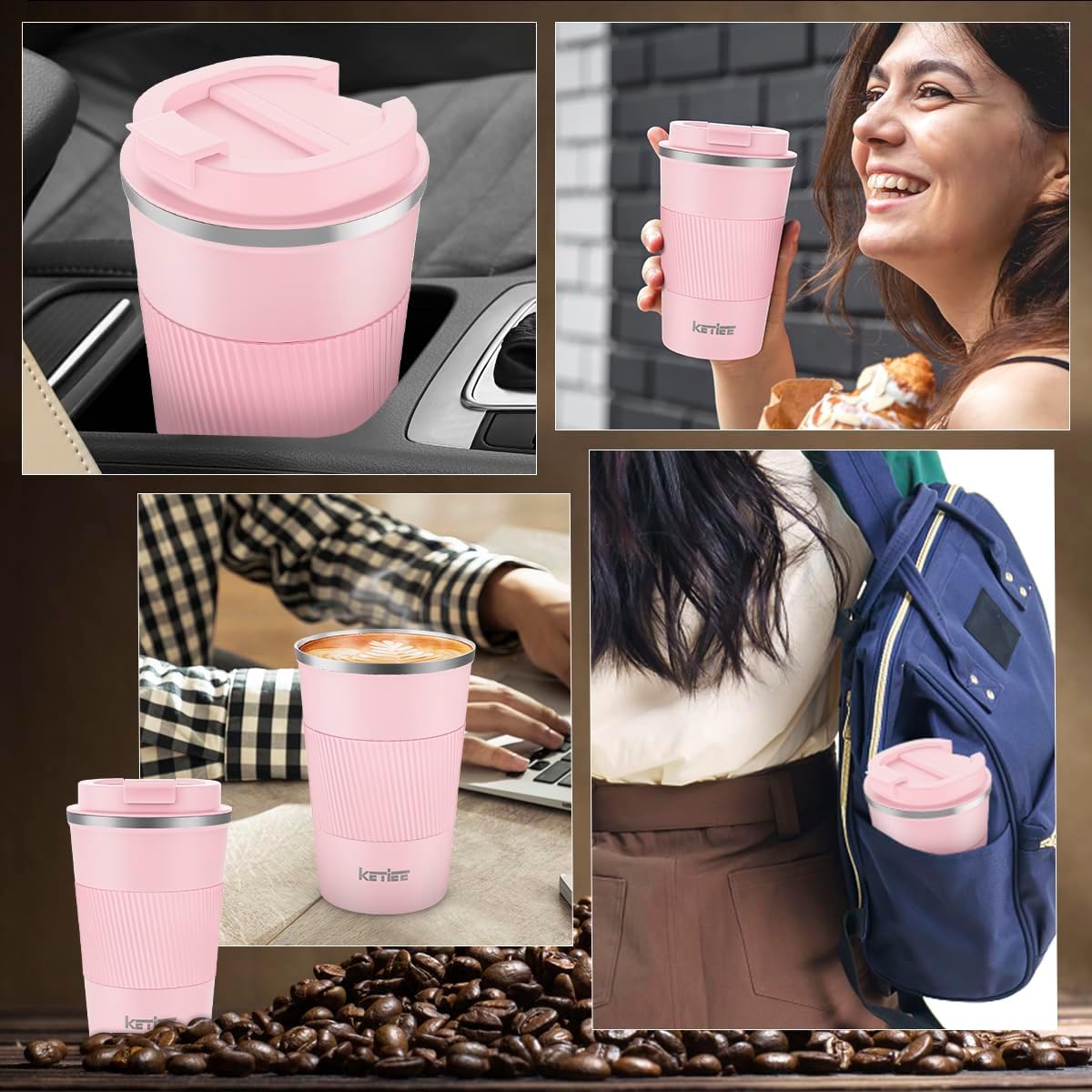 Detalle de KETIEE Travel Mug Insulated 380ml Stainless Steel with Leakproof Lid (Pink)