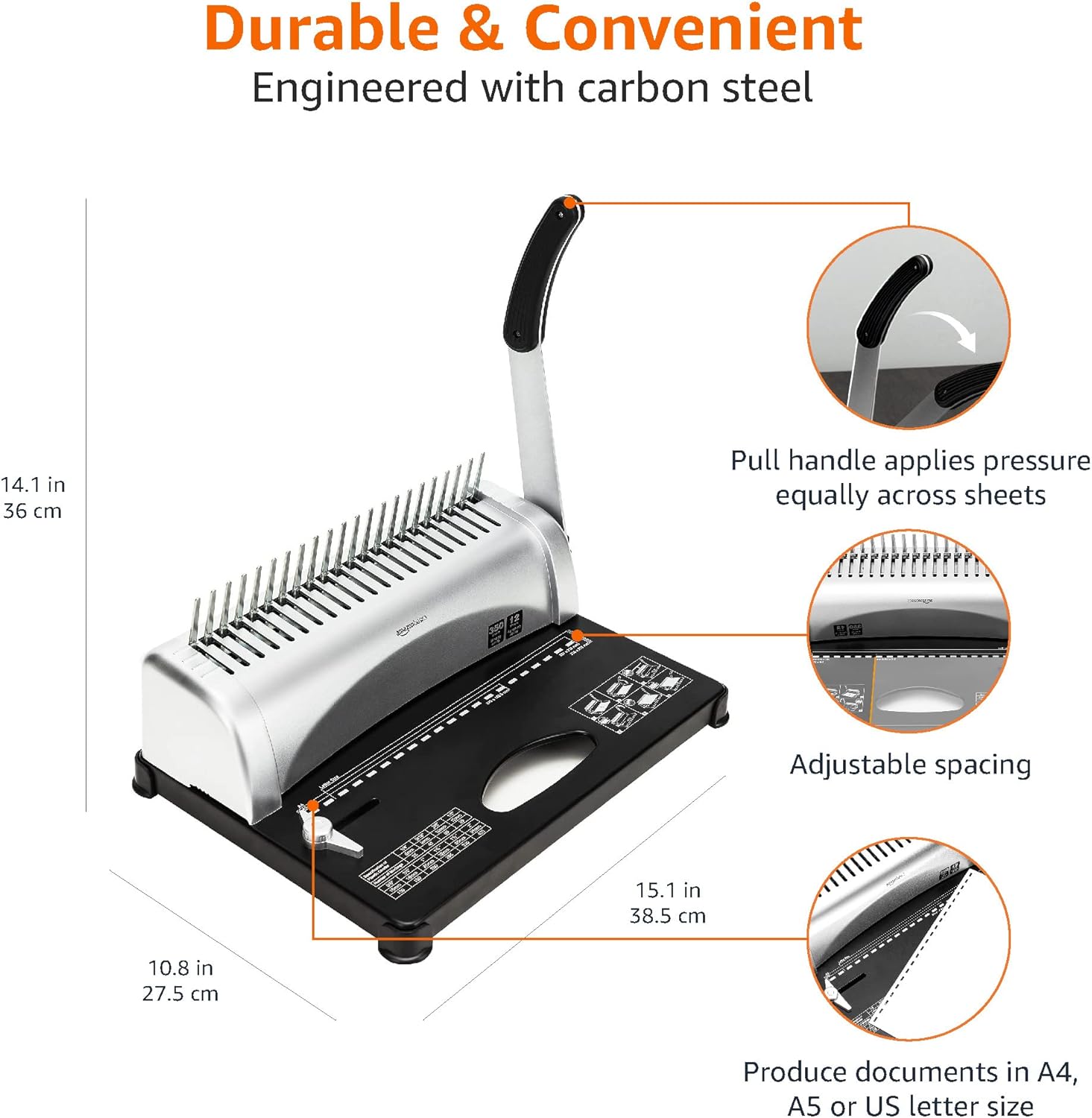 Thumbnail 3 de Amazon Basics Bindegerät, Grau – manuelles Kombi-Bindegerät für bis zu 12 Blätter Lochung und 350 Seiten Bindung