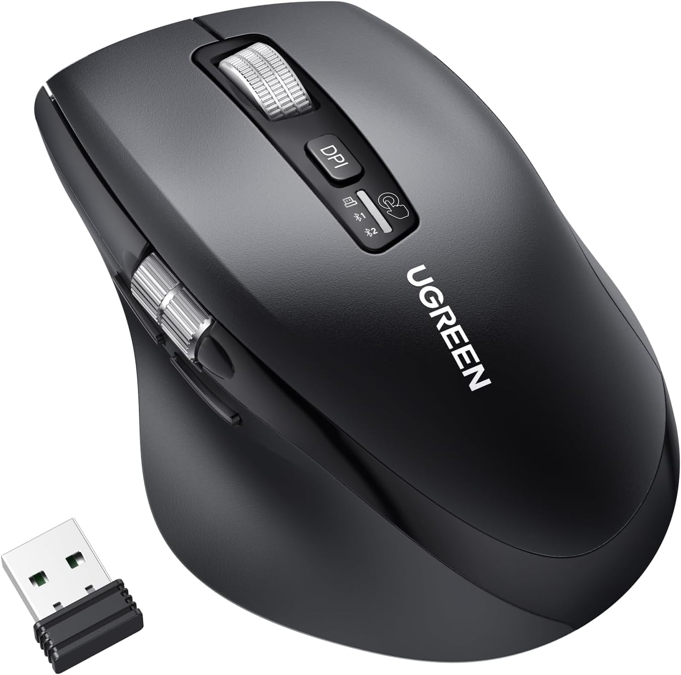Detalle de UGREEN draadloze muis met 2,4GHz en Bluetooth, stille klik en vijf dpi-niveaus