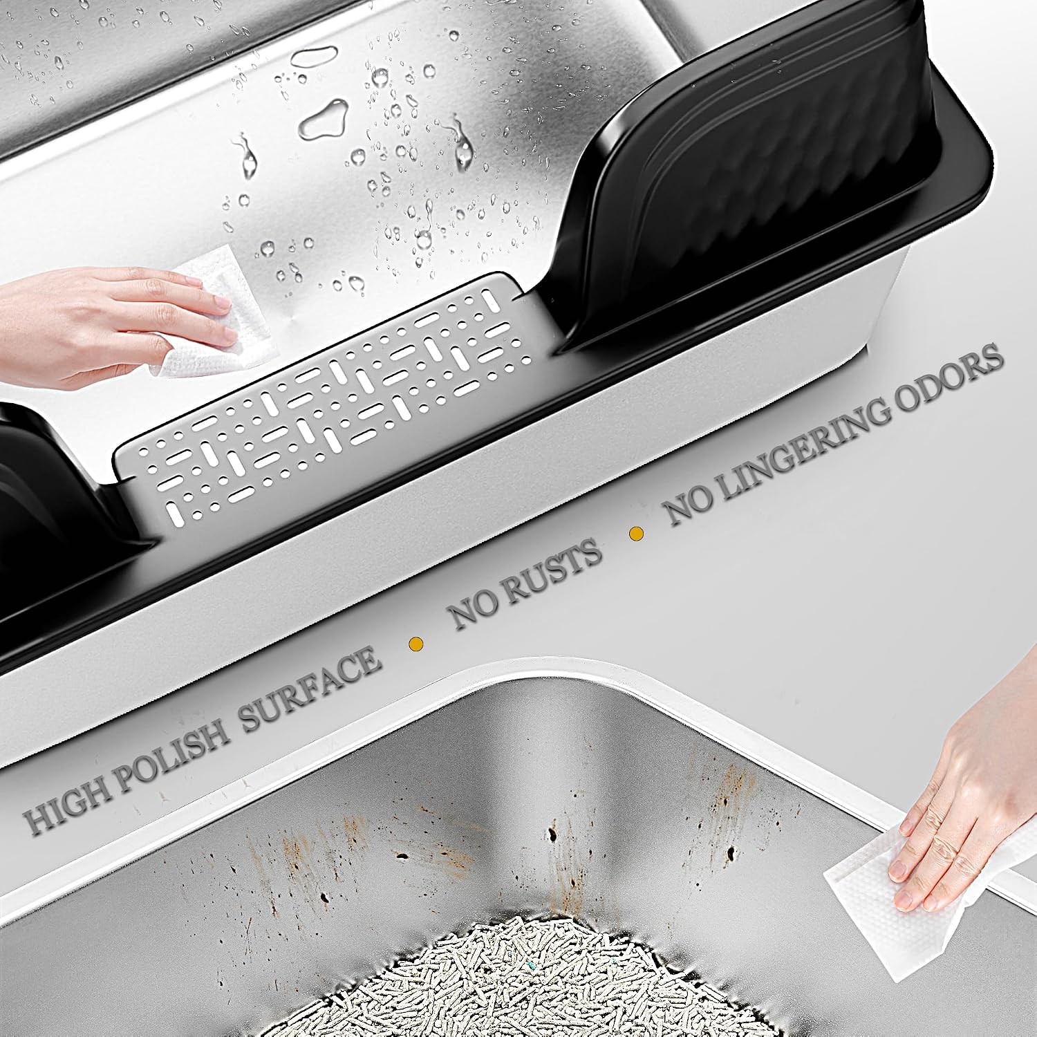 Detalle de Vealind XXL Stainless Steel Cat Litter Tray: High-Sided, Leak-Proof for Large Cats
