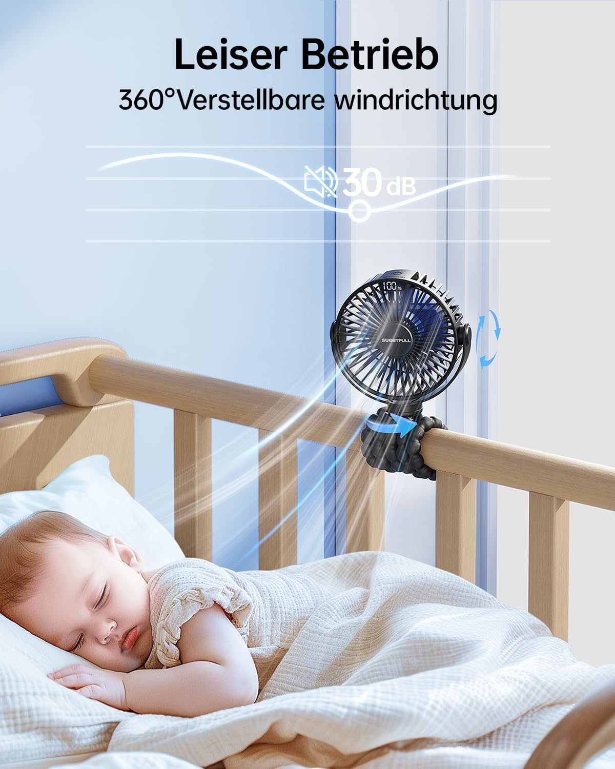 Thumbnail 4 de SWEETFULL Mini Ventilator für Kinderwagen, Tisch & Reise – akkubetrieben (4000 mAh) mit 360°-Ausrichtung