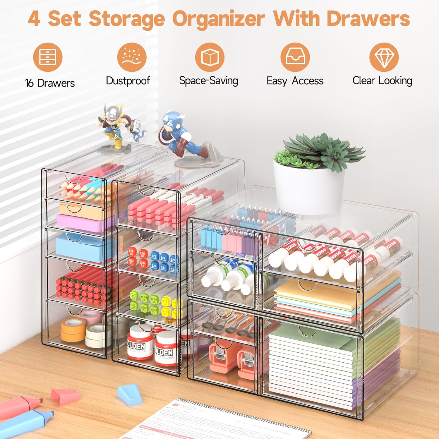 Detalle de DOMNIU DO-ZMSN-3 Acrylic Drawer Organizer, 16 Drawers, Clear 4-Set