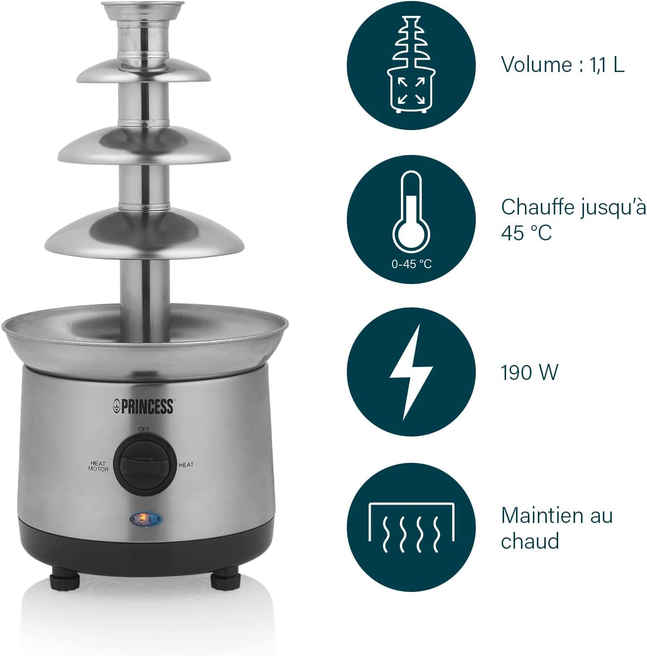 Detalle de Princess fontaine à chocolat XXL Inox Brossé – 4 étages, 1,1 L, 190 W