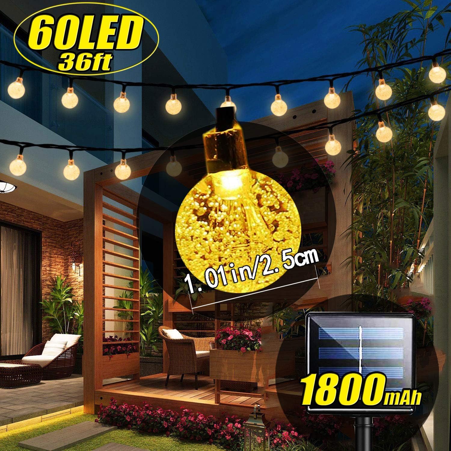 Thumbnail 1 de iihome 60 LED Solar Garden Lights (36ft) waterproof crystal ball string lights – warm white
