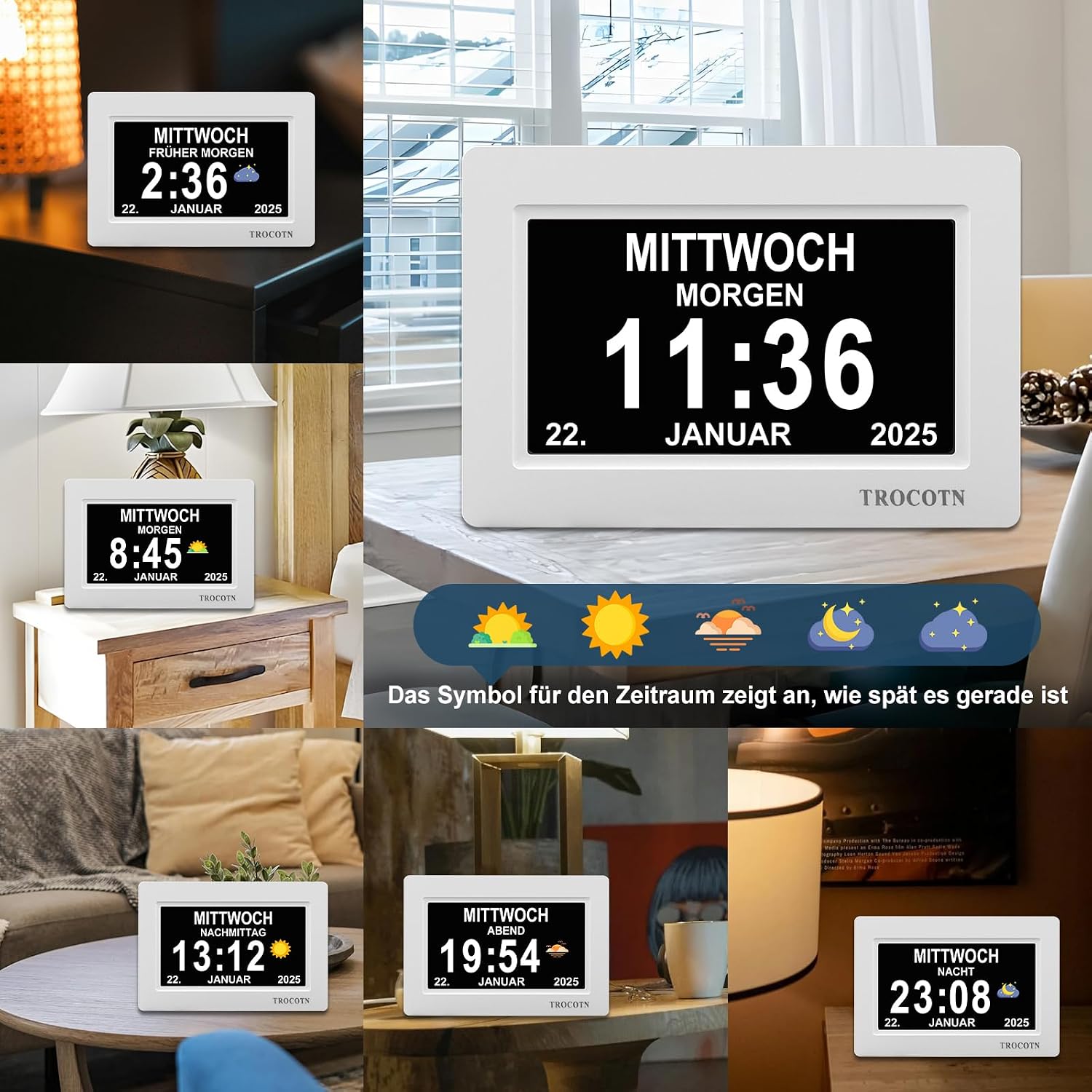Detalle de 7 Zoll TROCOTN Demenz Uhr Senioren Kalenderuhr