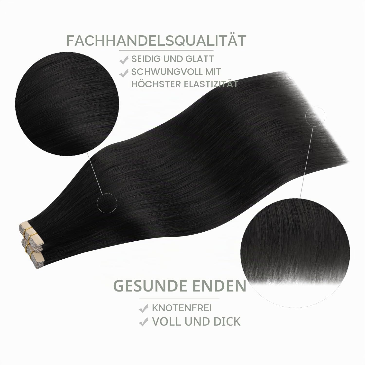 Detalle 2 de WENNALIFE Tape Extensions Echthaar – Tiefschwarz, 40 Stück, 30 cm