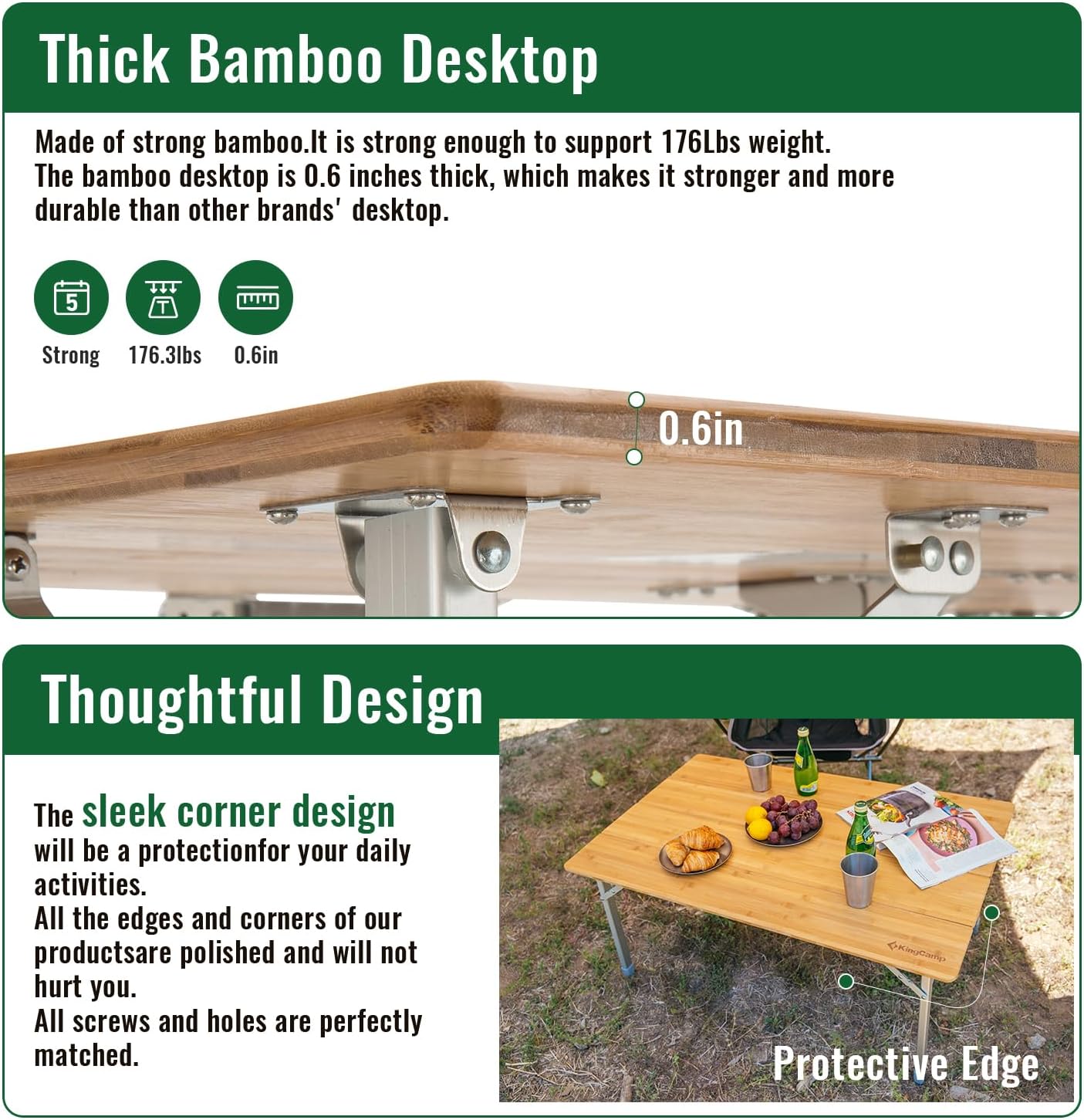 Detalle 2 de KingCamp KC2006_YELLOW Bamboo Folding Camping Table, 4-Fold, 3 Heights