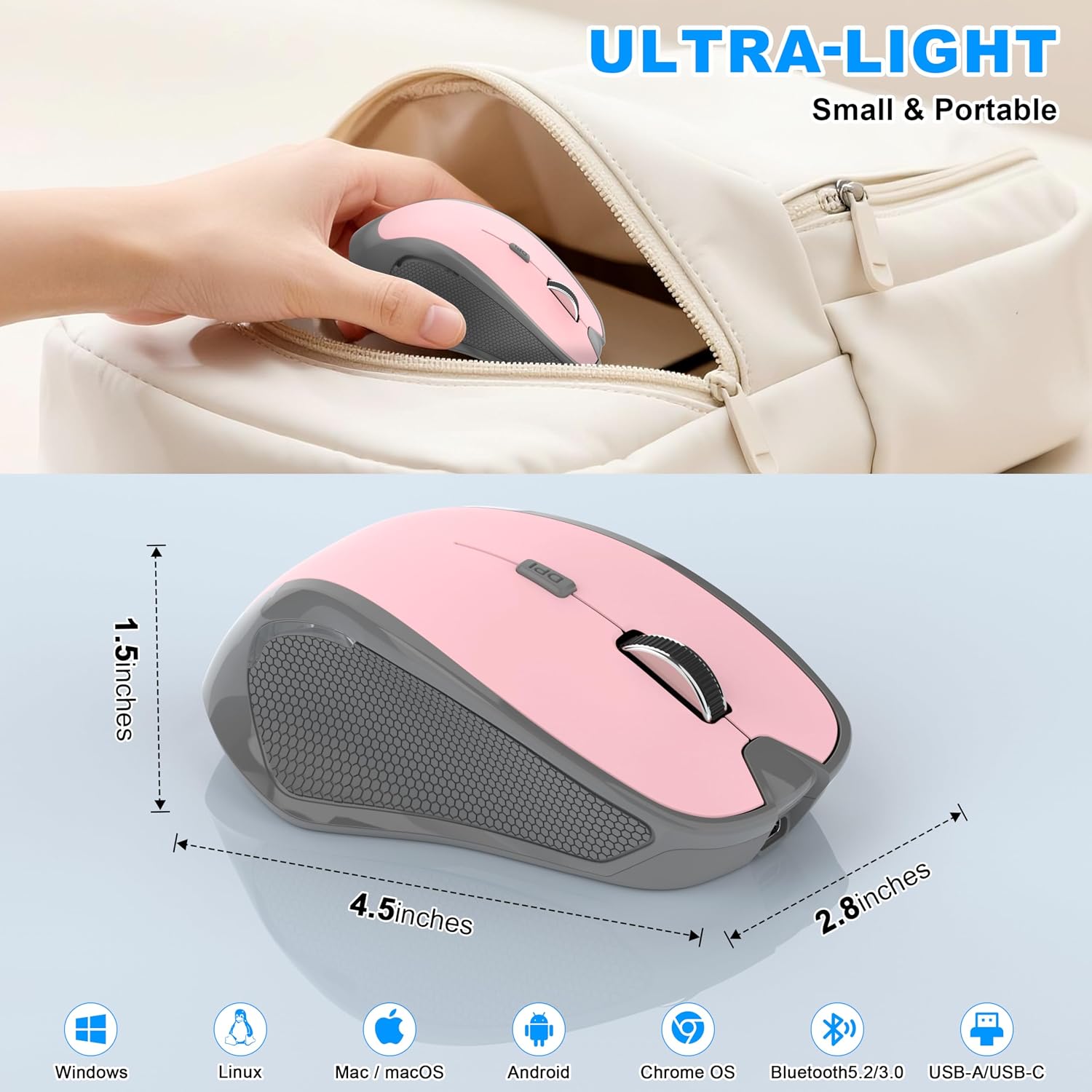 Detalle de Azmall Ergonomische Silent-Funkmaus (2,4 GHz & Bluetooth) mit 3 DPI-Stufen und integriertem Mouse Jiggler – Hellrosa