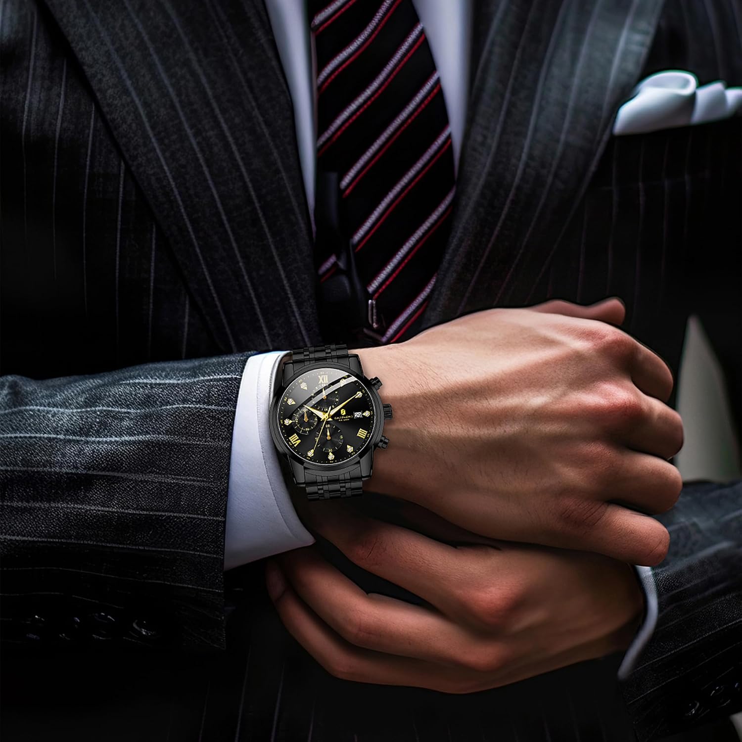 Detalle de SAPPHERO Herrenarmbanduhr aus Edelstahl – analoge Quarz-Uhr mit Datumsanzeige, 50 m wasserdicht und Leuchtziffern
