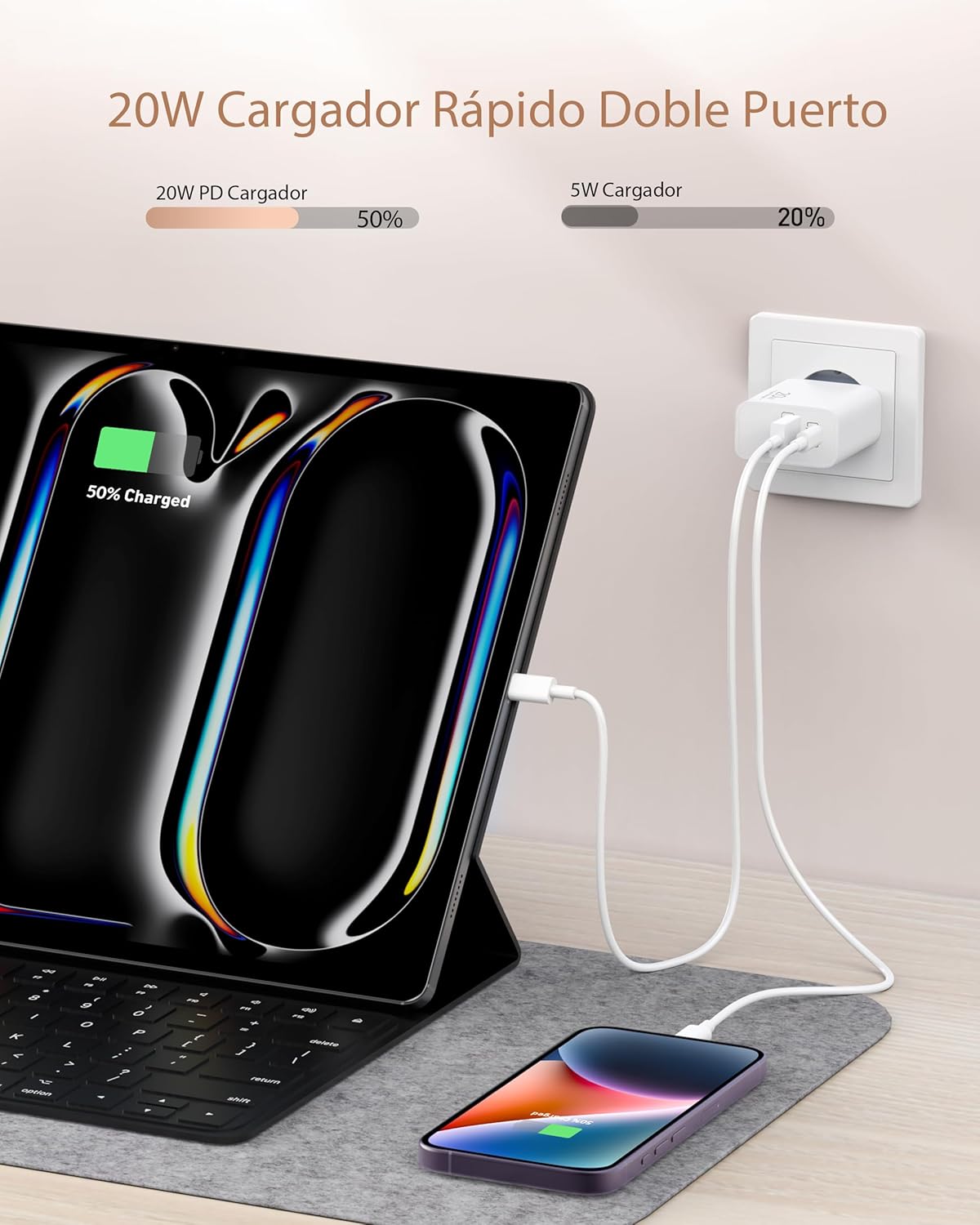 Thumbnail 3 de Cargador 20W 2 puertos USB-C USB-A con cable 2 m