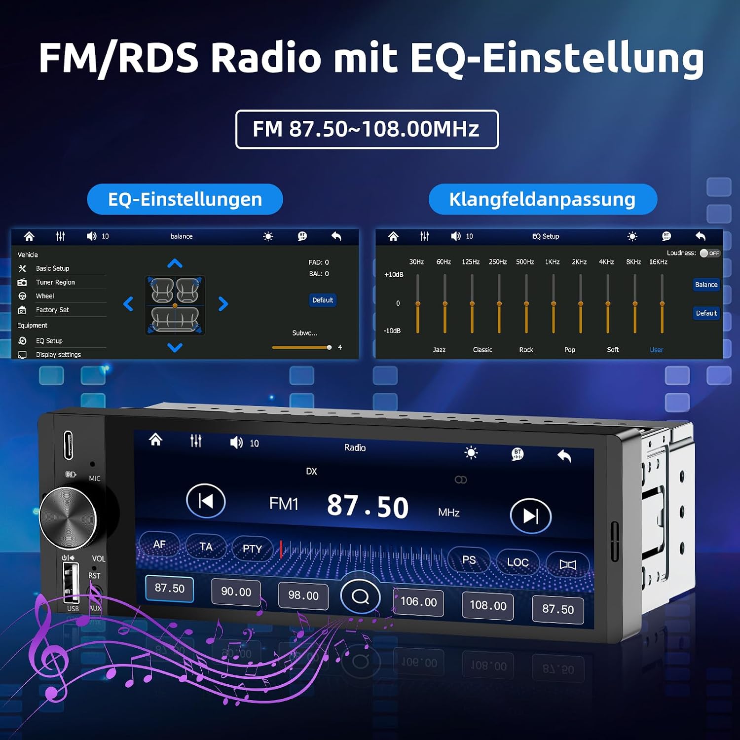 Detalle 2 de ESSGOO 6,36 Zoll 1-DIN Autoradio mit Wireless CarPlay und Android Auto