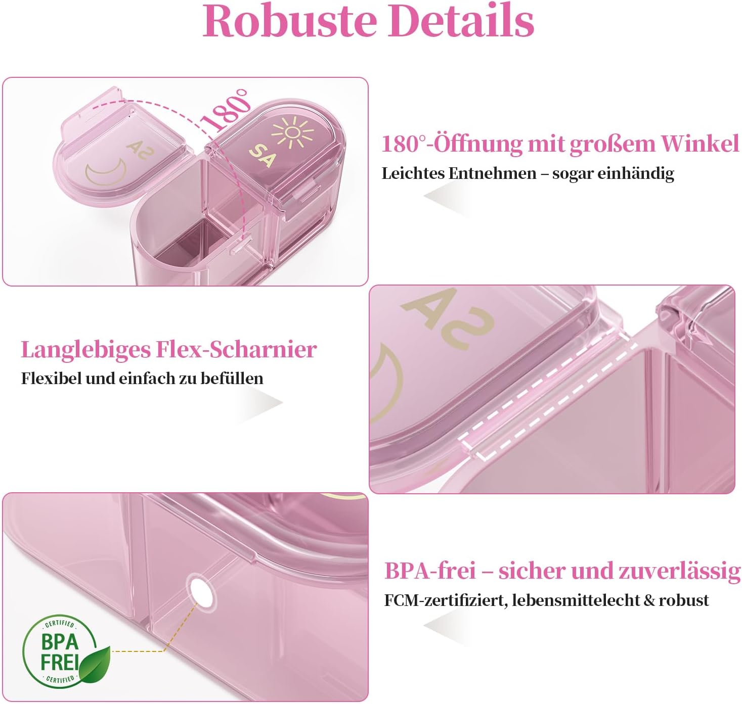 Thumbnail 6 de Betife Tablettenbox für 7 Tage (2× täglich) mit 2 Schublenboxen, 14 Fächer für unterwegs – violett