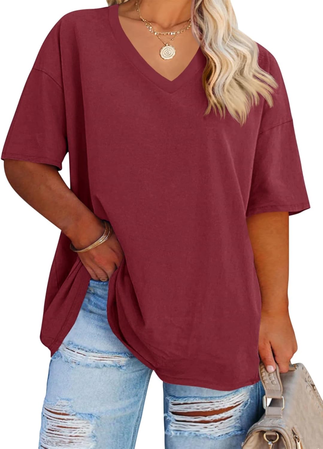 Thumbnail 5 de Fisoew Damen T-Shirt in großen Größen (XL–5XL) mit V-Ausschnitt und kurzarmem Oversize-Look