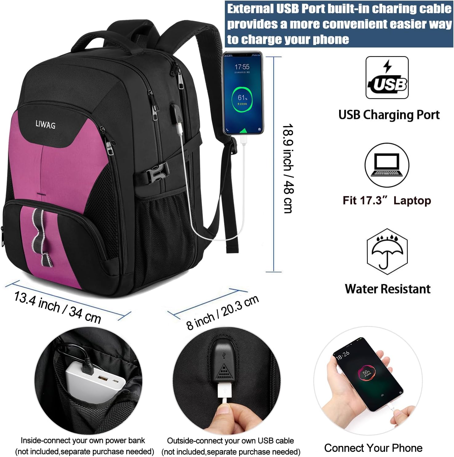 Thumbnail 1 de Travel Laptop Backpack with USB Charging Port for 17-Inch Laptops – Anti-Theft, Water-Resistant Daypack in Purple