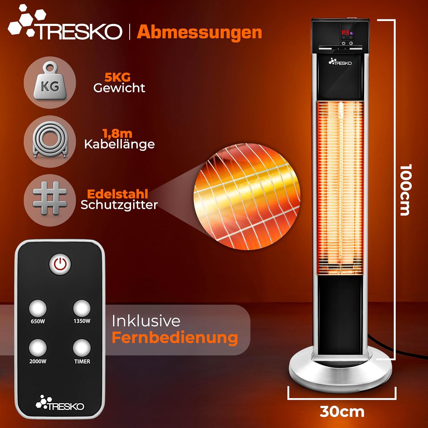 Detalle de TRESKO THSL-009 staande infrarood terrasverwarmer, 2.000 W, 3 standen