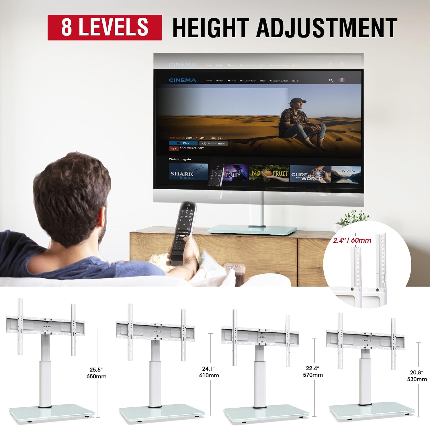 Thumbnail 3 de Swivel Universal TV Stand for 32-75 inch TVs with Tilt, 8-Level Height Adjustable Table Top Mount in White