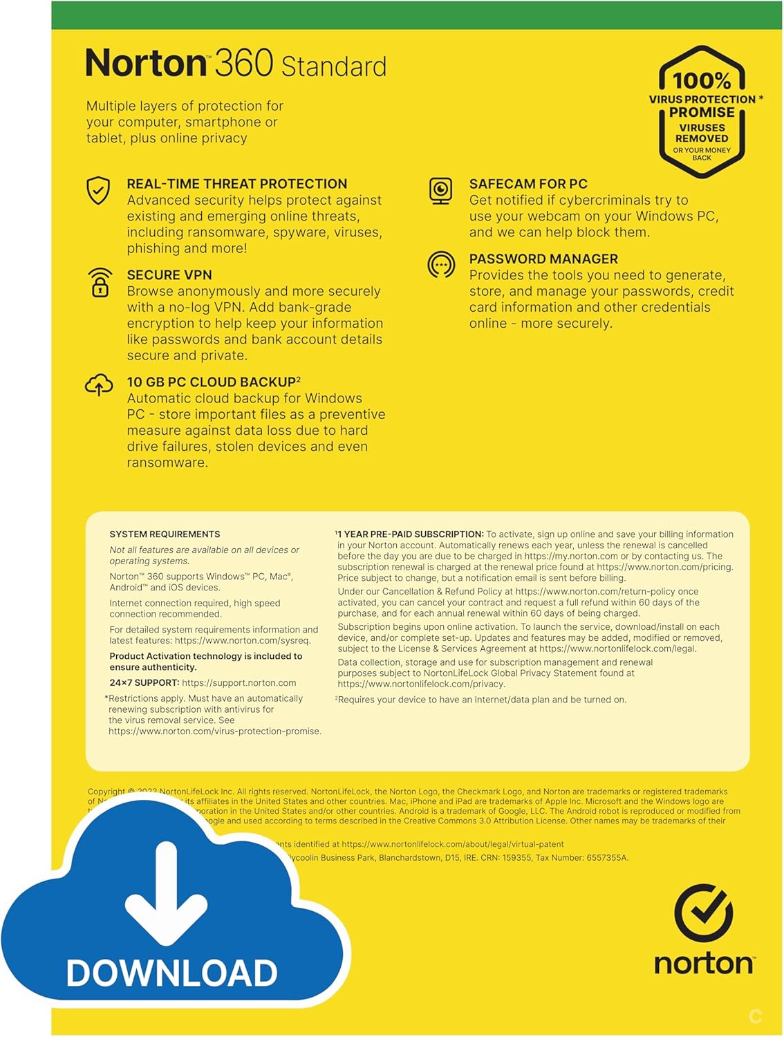 Detalle de Norton 360 Standard 2026: balanced antivirus with VPN and Password Manager for a single device