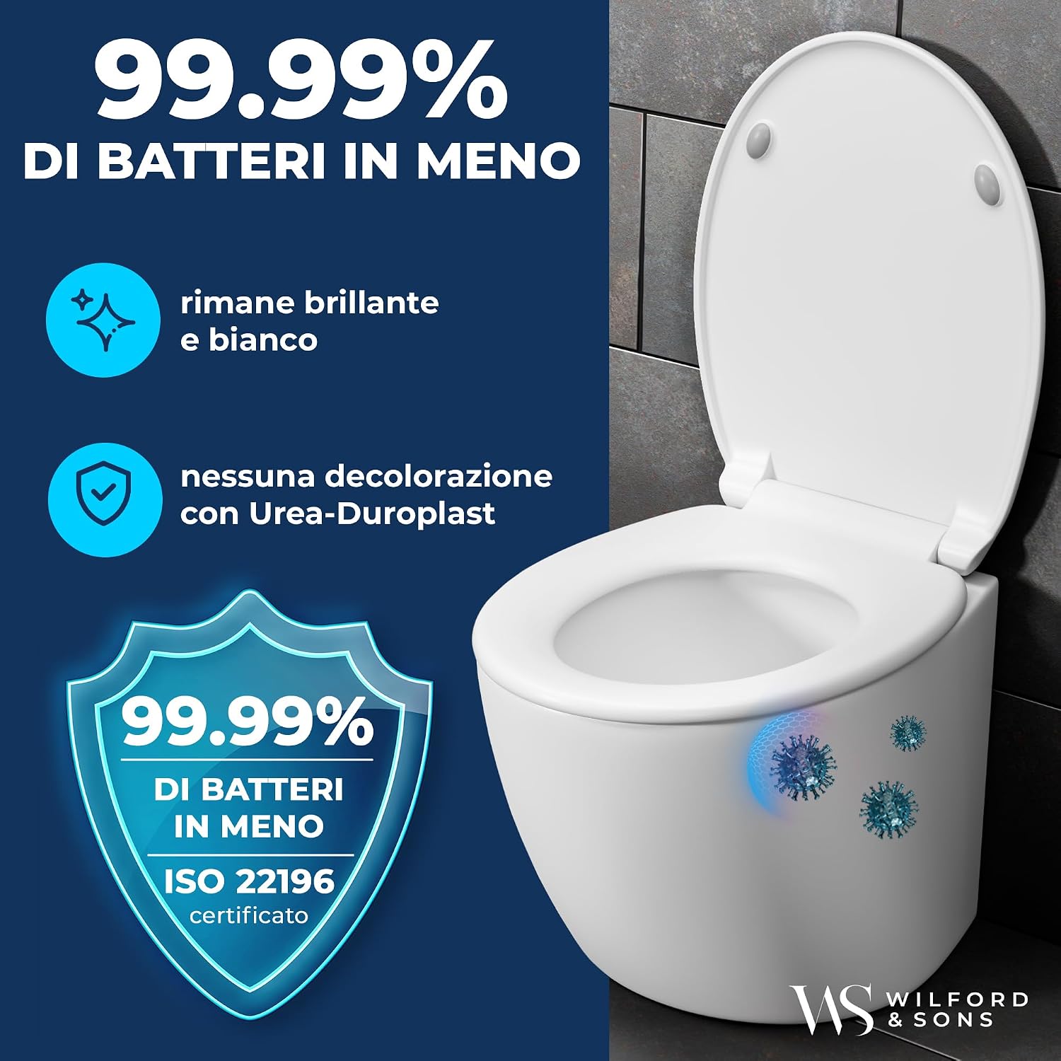 Detalle de Wilford & Sons PREMIUM Copriwater: sedile WC con chiusura ammortizzata in forma O, bianco, alta qualità